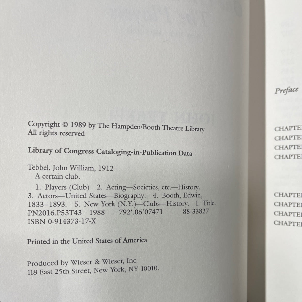 a certain club one hundred years of the players new york 1888-1988 book, by john tebbel, 1989 Hardcover image 3