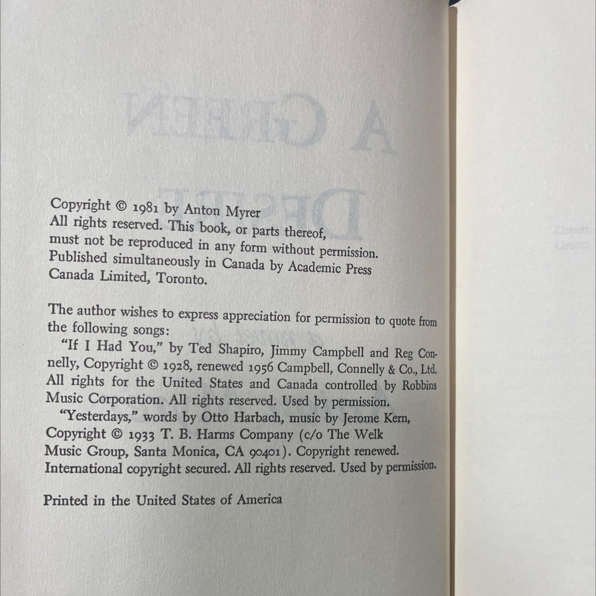 a green mon aloup of desire book, by Anton Myrer, 1981 Hardcover image 3