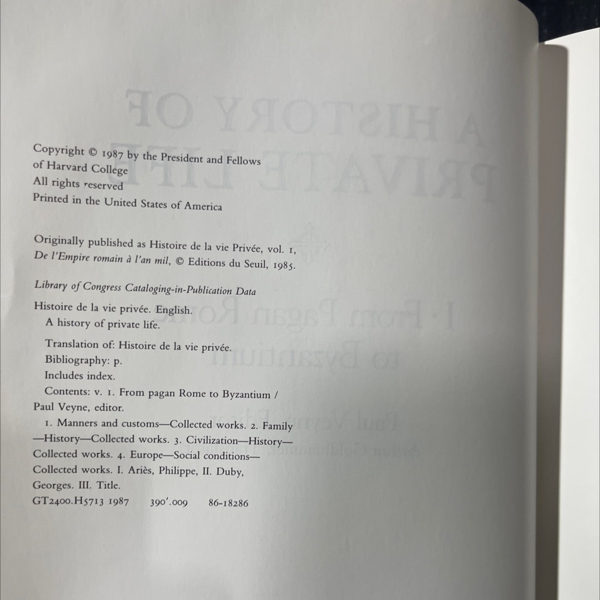 a history of private life i from pagan rome to byzantium book, by Paul Veyne, 1987 Hardcover image 3