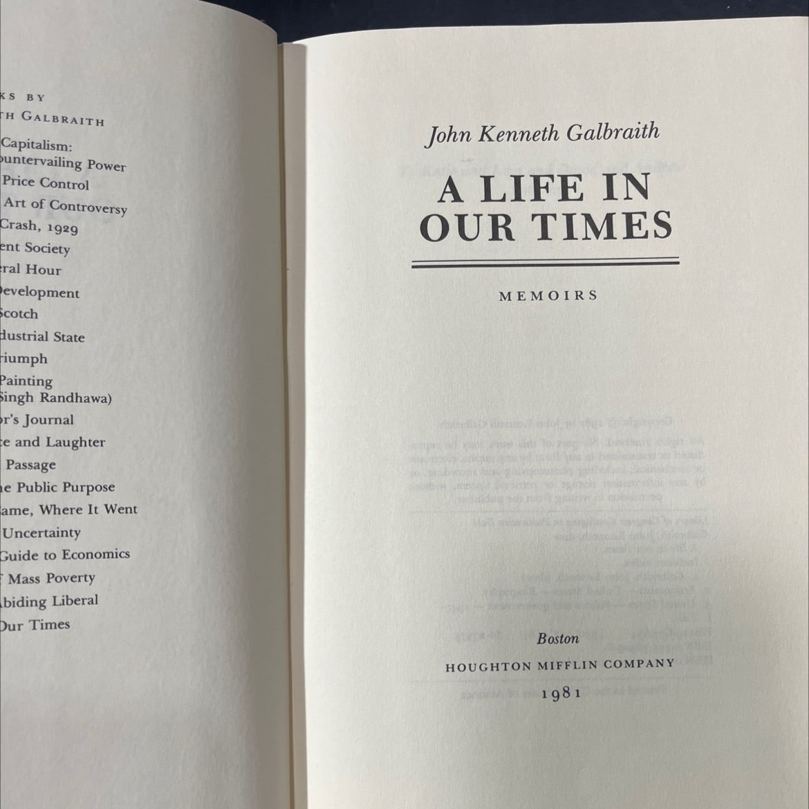 a life in our times book, by john kenneth galbraith, 1981 Hardcover image 2
