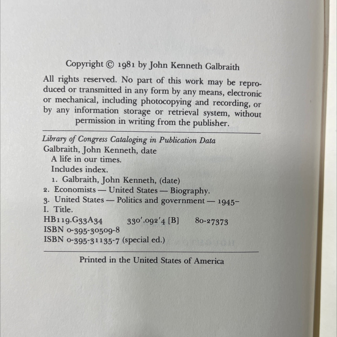 a life in our times book, by john kenneth galbraith, 1981 Hardcover image 3