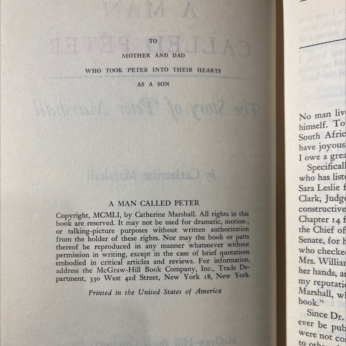a man called peter the story of peter marshall book, by catherine marshall, 1951 Hardcover image 3