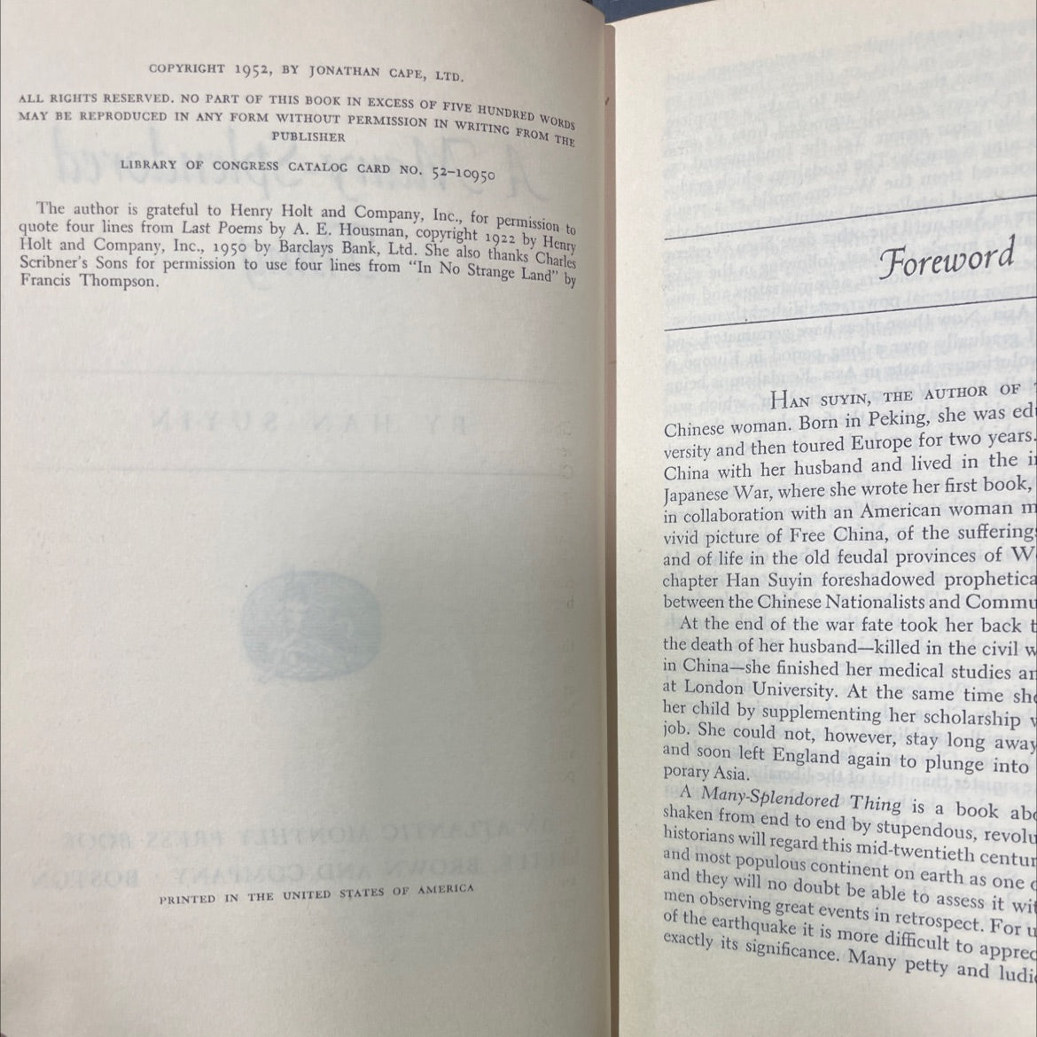 a many-splendored thing book, by han suyin, 1952 Hardcover image 3
