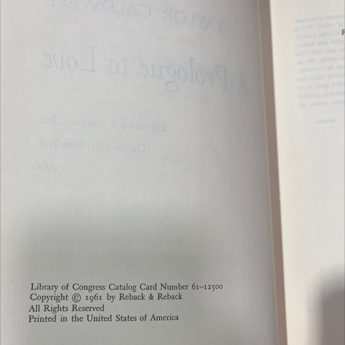 a prologue to love book, by taylor caldwell, 1961 Hardcover image 3