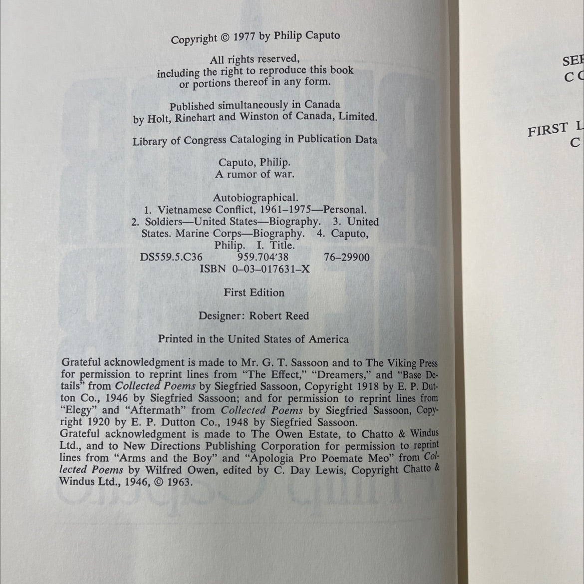 a rumor of war book, by Philip Caputo, 1977 Hardcover image 3