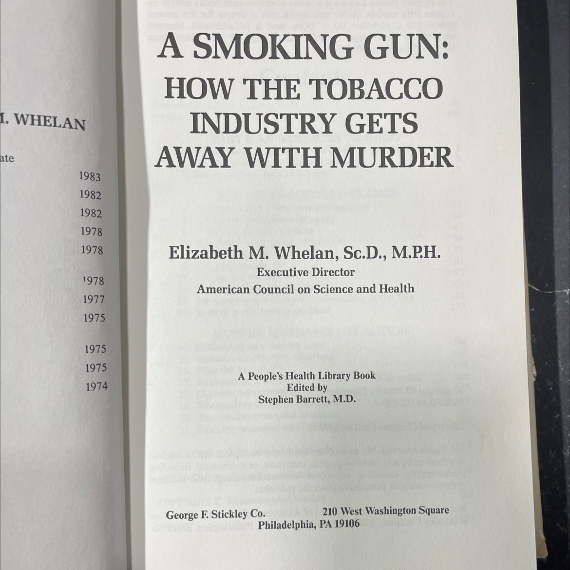 a smoking gun: how the tobacco industry gets away with murder book, by elizabeth m. whelan, 1984 Hardcover image 2