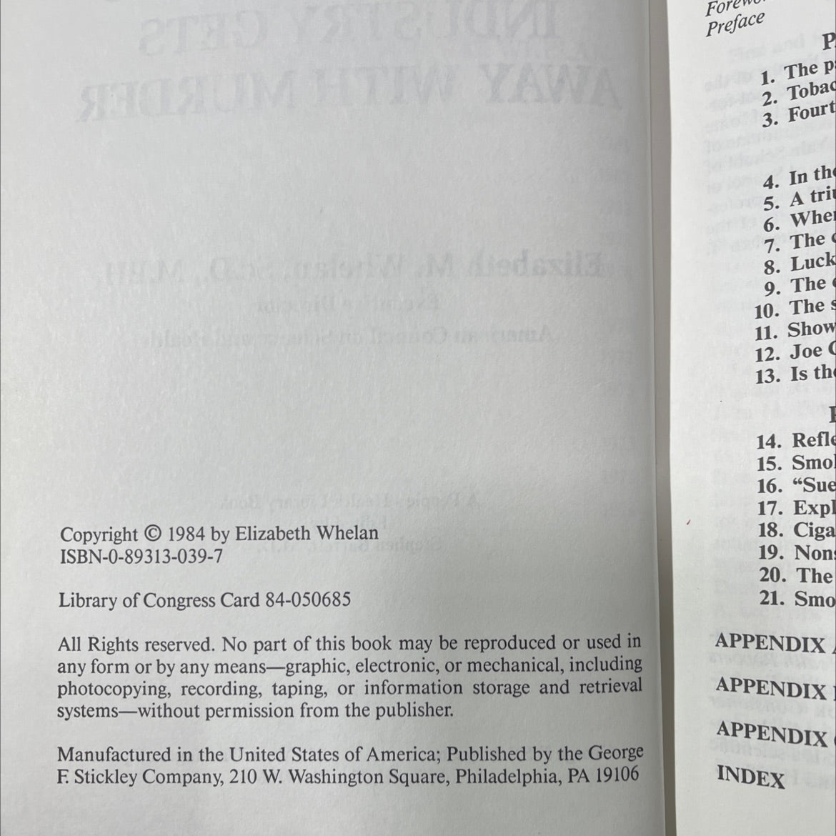 a smoking gun: how the tobacco industry gets away with murder book, by elizabeth m. whelan, 1984 Hardcover image 3