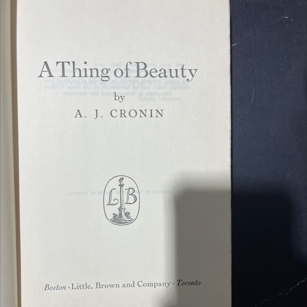 a thing of beauty book, by a. j. cronin, 1956 Hardcover image 2