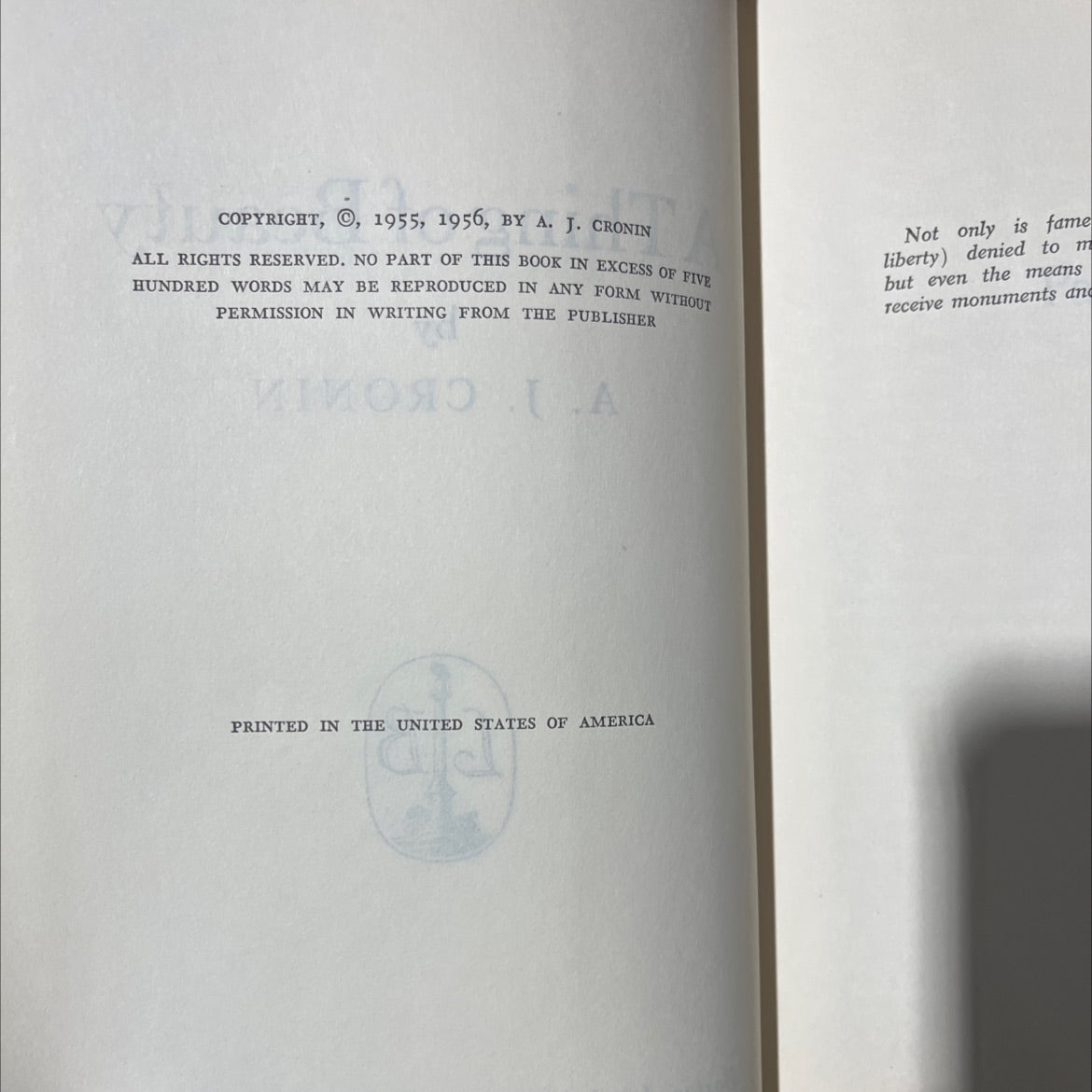 a thing of beauty book, by a. j. cronin, 1956 Hardcover image 3