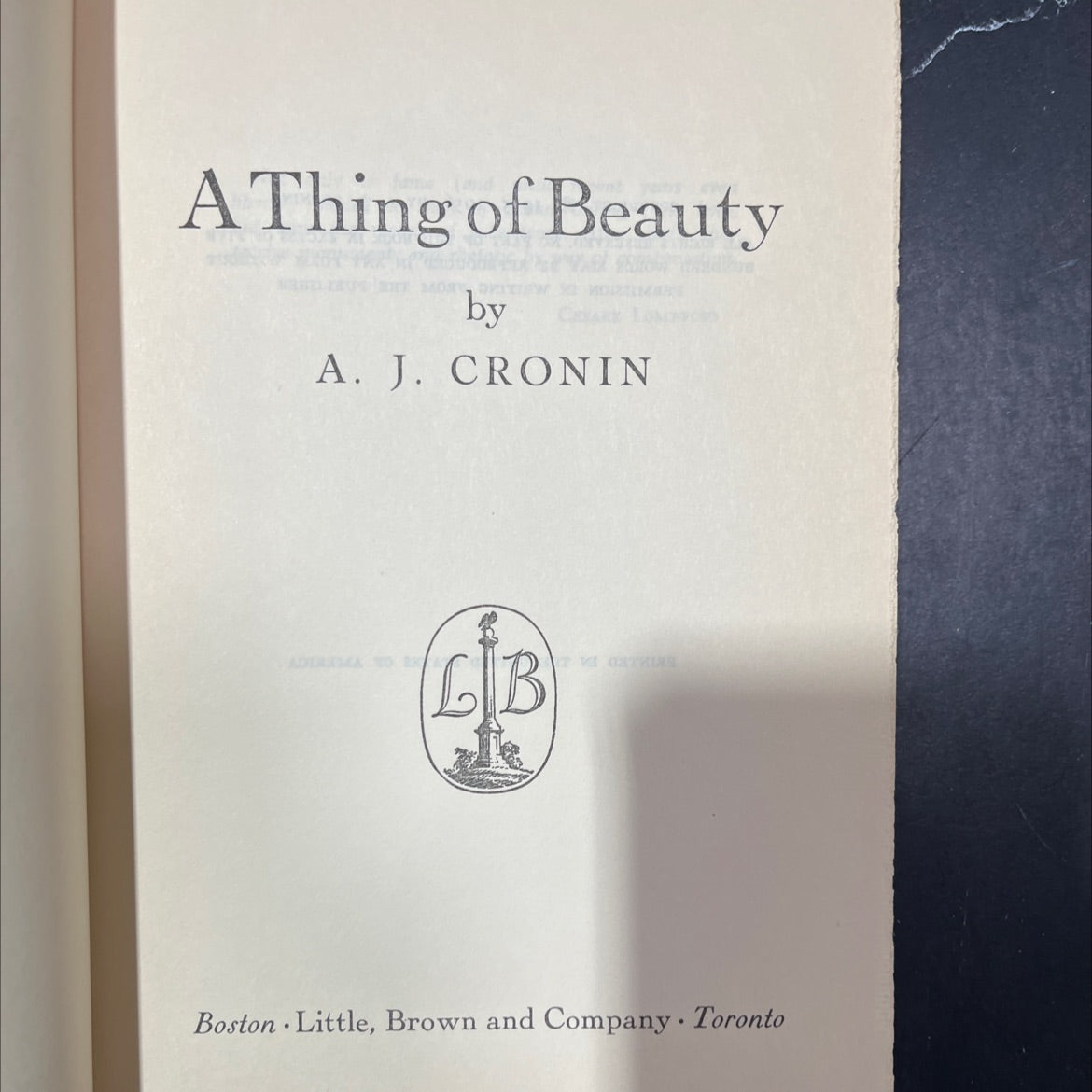 a thing of beauty book, by a. j. cronin, 1956 Hardcover image 2