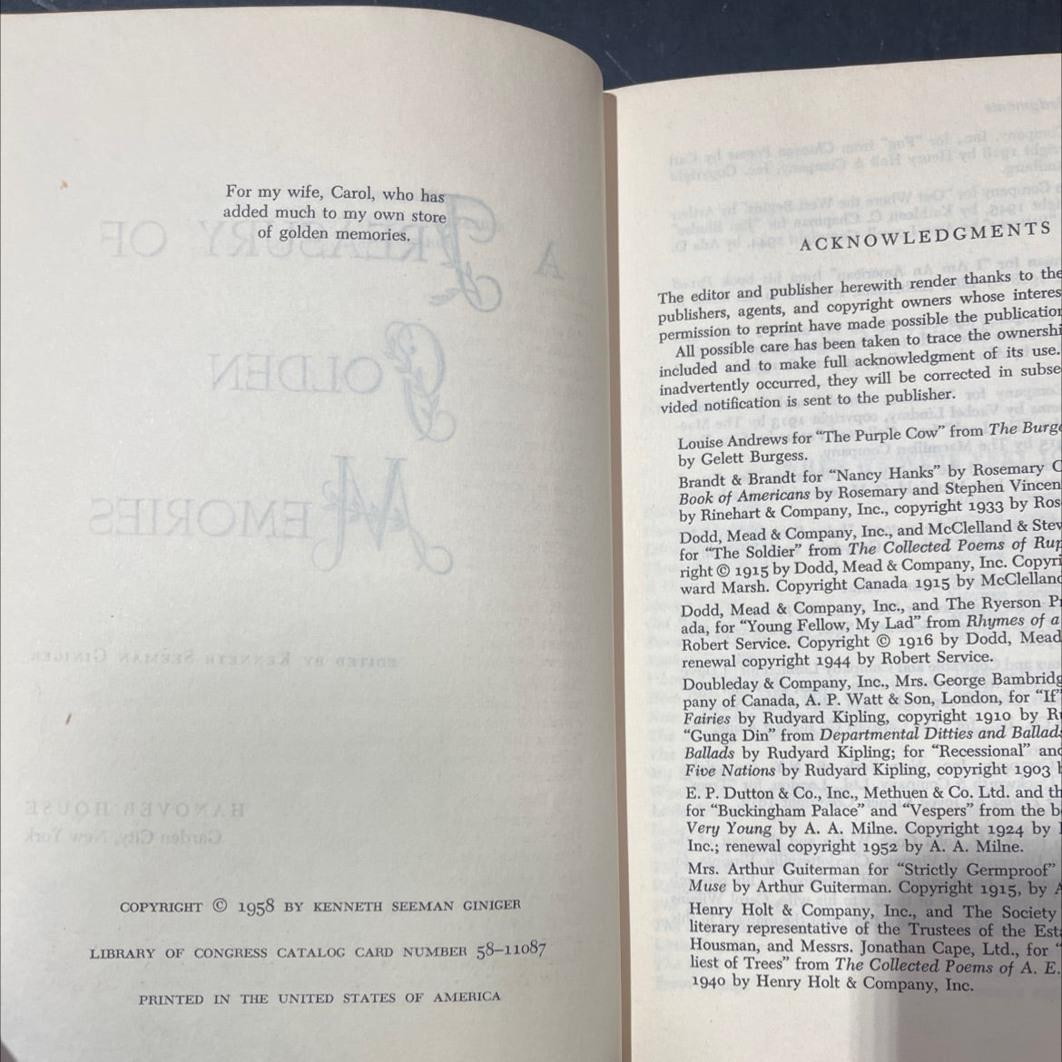 a treasury of golden memories book, by kenneth seeman giniger, 1958 Hardcover image 3