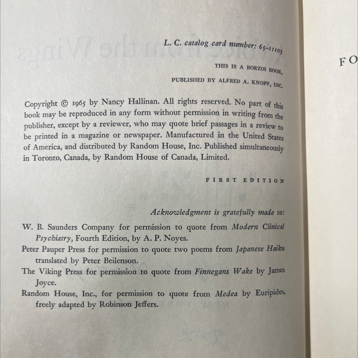 a voice from the wings book, by nancy hallinan, 1965 Hardcover image 3