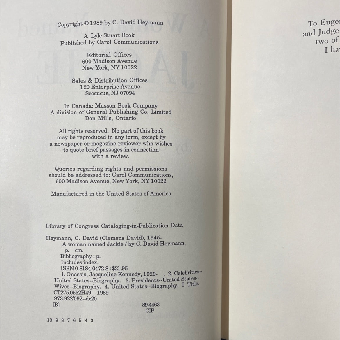 a woman named jackie book, by c. david heymann, 1989 Hardcover image 3