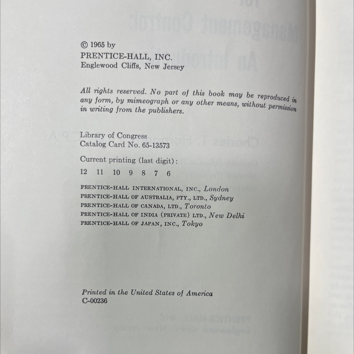 accounting for management control: an introduction book, by charles t. horngren, ph.d., c.p.a., 1965 Hardcover image 3