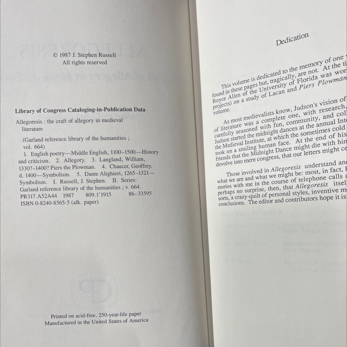 allegoresis the craft of allegory in medieval literature book, by J. Stephen Russell, 1988 Hardcover image 3