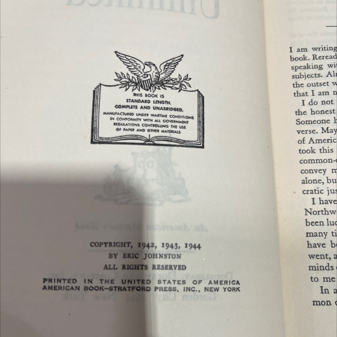 america unlimited book, by eric johnston, 1944 Hardcover image 3