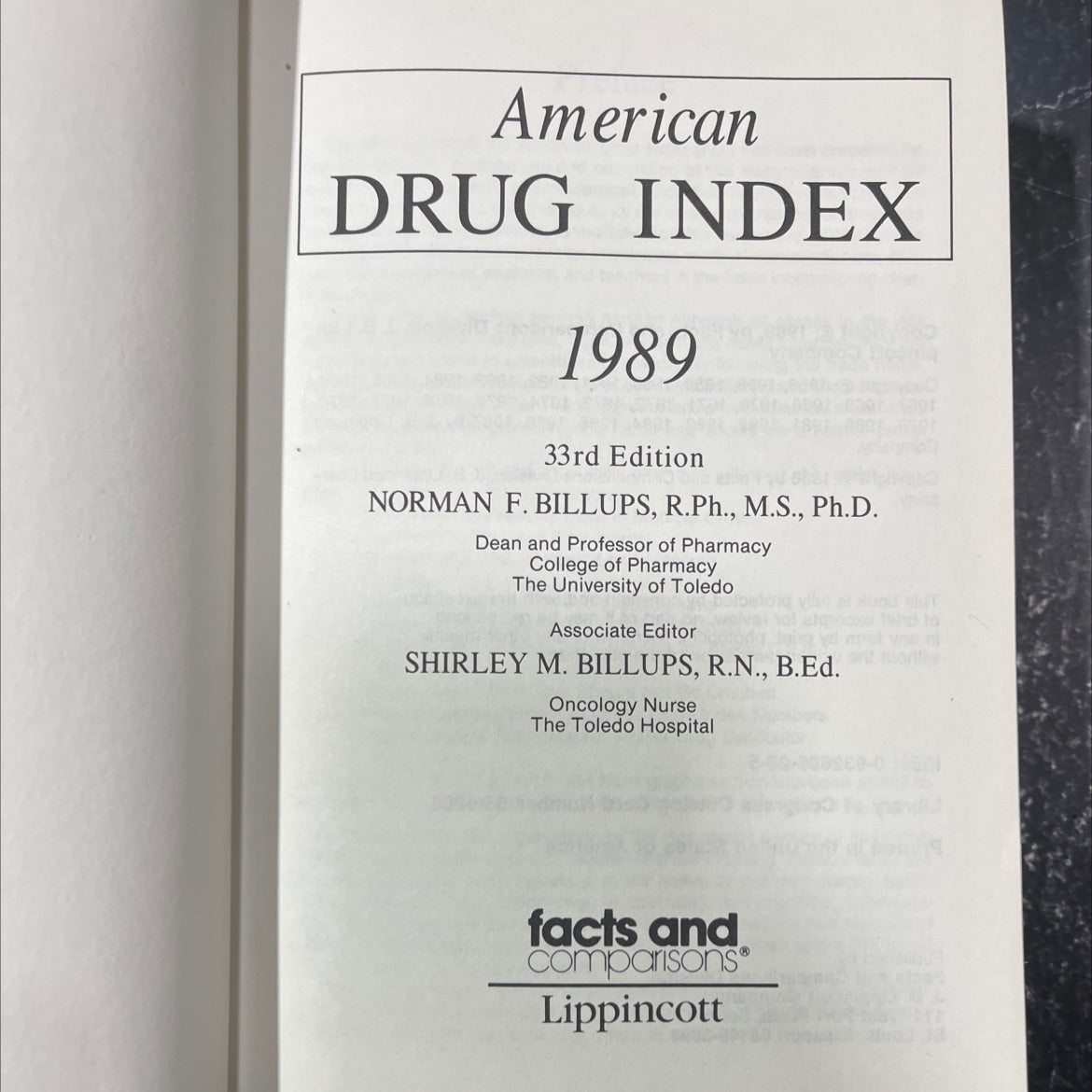 american drug index book, by norman f. billups, r.ph., m.s., ph.d. and shirley m. billups, r.n., b.ed., 1989 Hardcover image 2