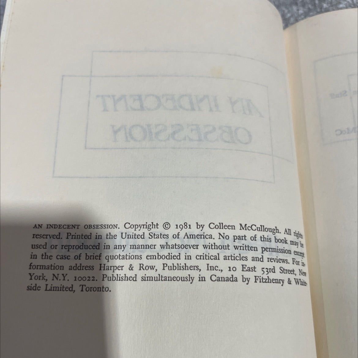 an indecent obsession book, by Colleen McCullough, 1981 Hardcover image 3