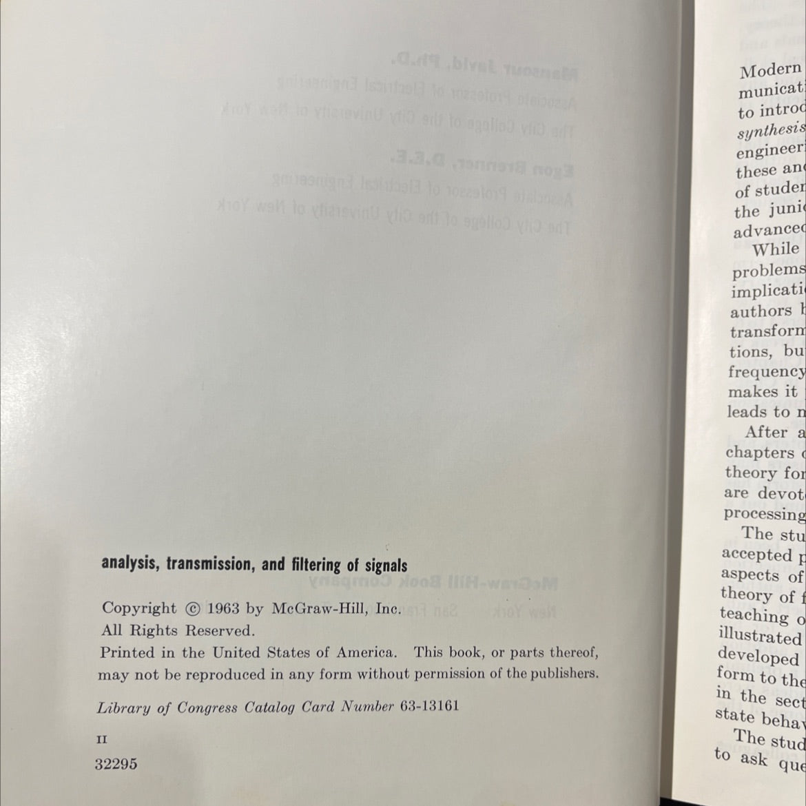 analysis, transmission, and filtering of signals book, by Mansour Javid, Ph.D. and Egon Brenner, D.E.E., 1963 Hardcover image 3