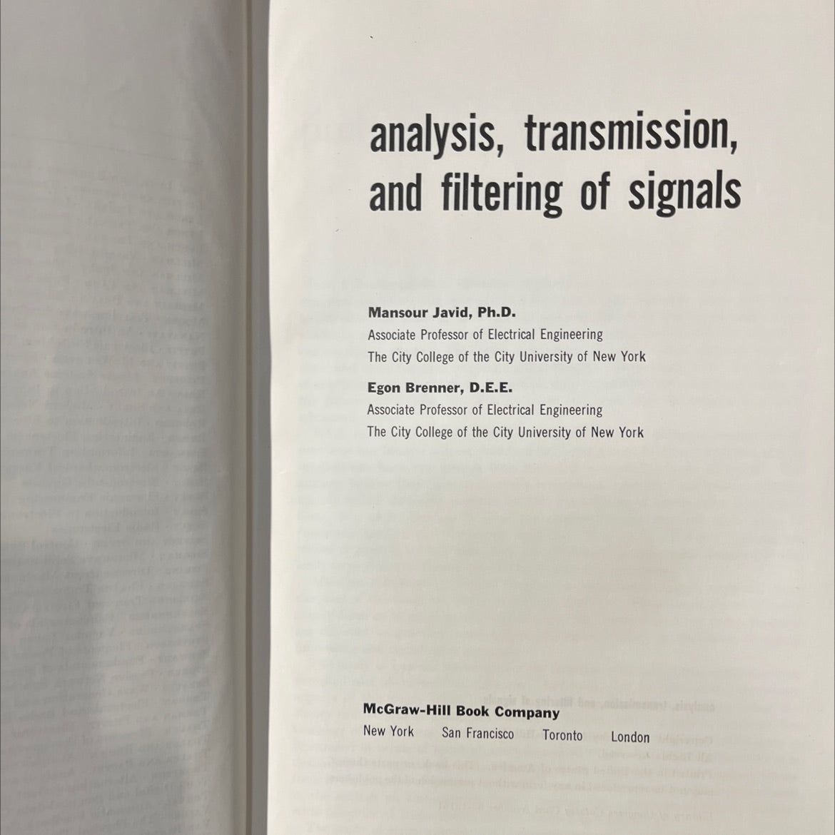 analysis, transmission, and filtering of signals book, by Mansour Javid, Ph.D. and Egon Brenner, D.E.E., 1963 Hardcover image 2