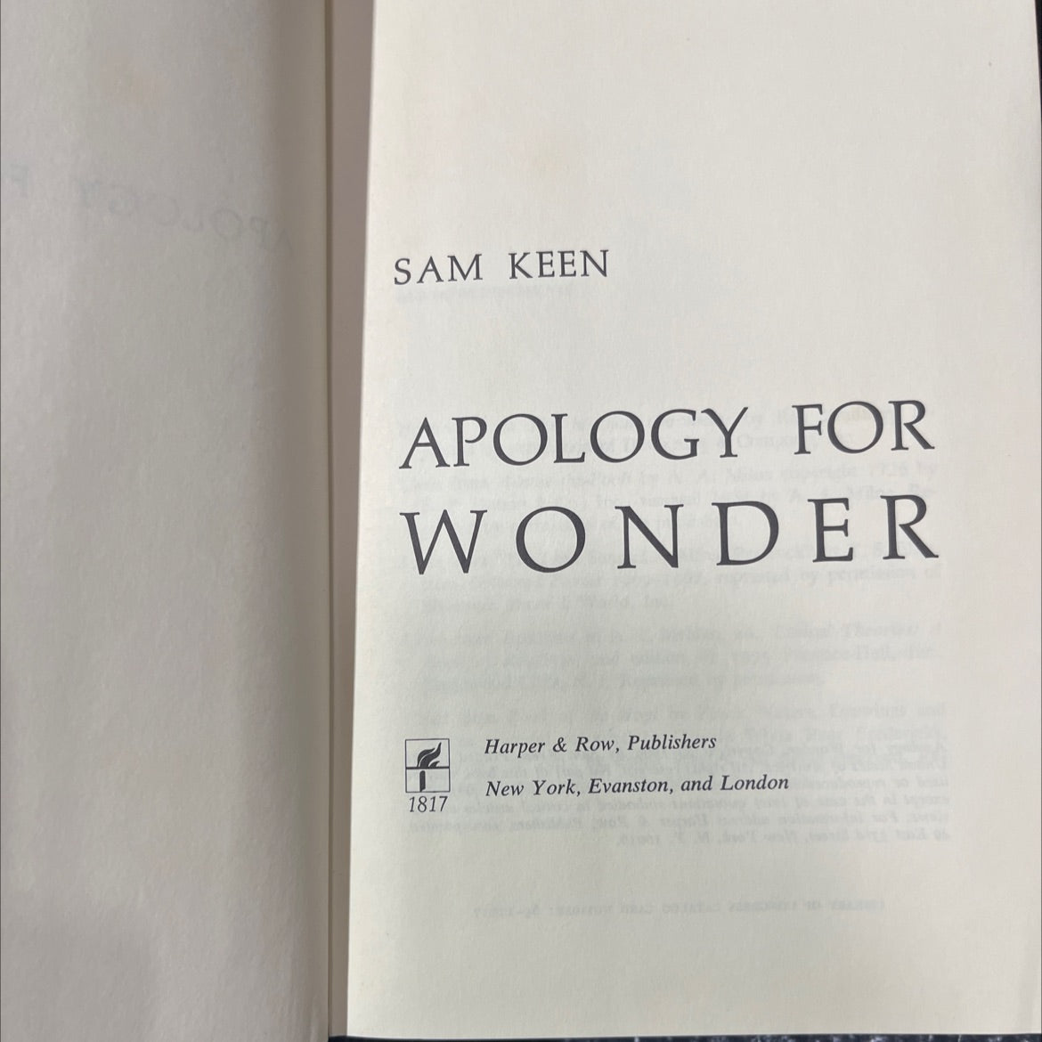 apology for wonder book, by Sam Keen, 1969 Hardcover image 2