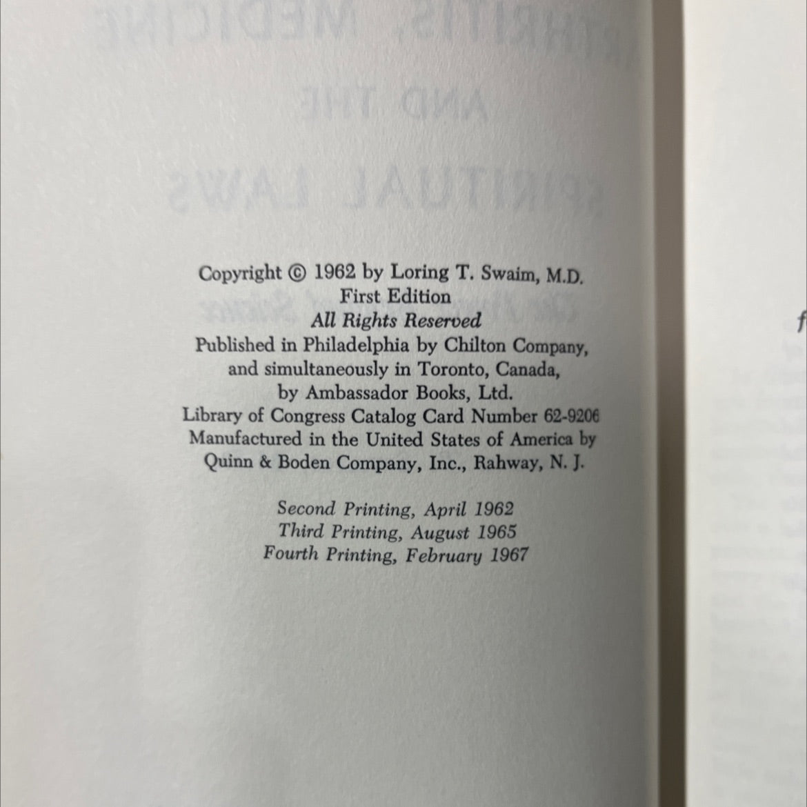 arthritis, medicine and the spiritual laws the power beyond science book, by loring t. swaim, m.d., 1967 Hardcover image 3
