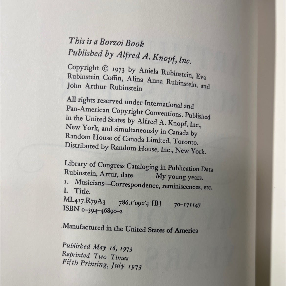 arthur rubinstein my young years book, by Artur Rubinstein, 1973 Hardcover image 3