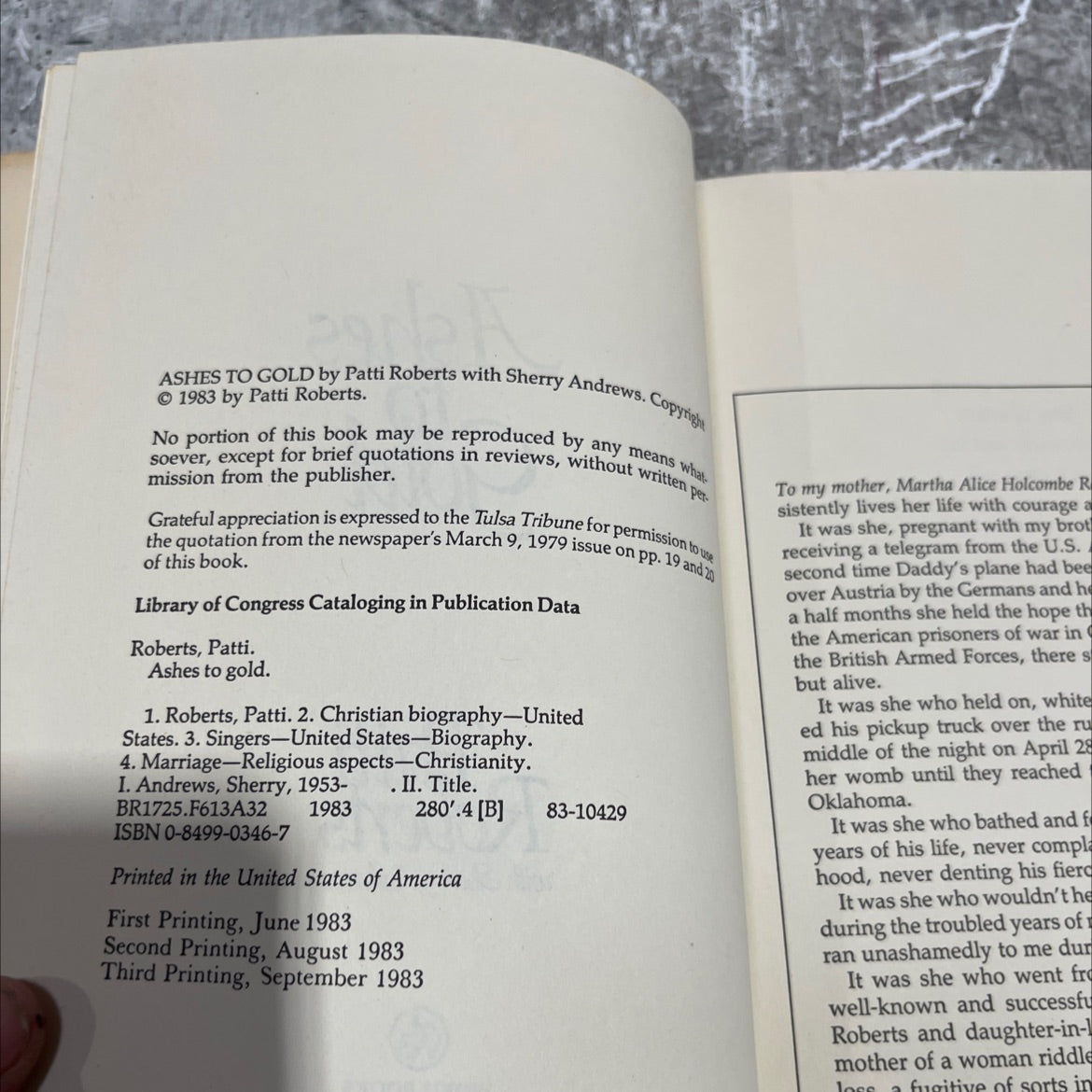 ashes to gold book, by Patti Roberts with Sherry Andrews, 1983 Hardcover image 3