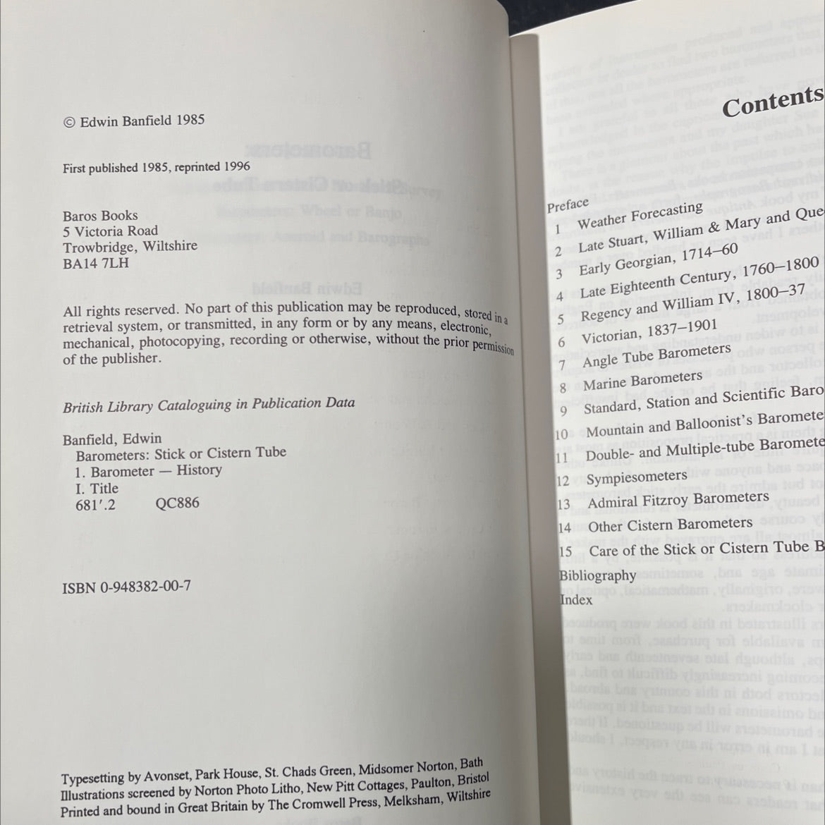 barometers: stick or cistern tube book, by edwin banfield, 1996 Hardcover image 3