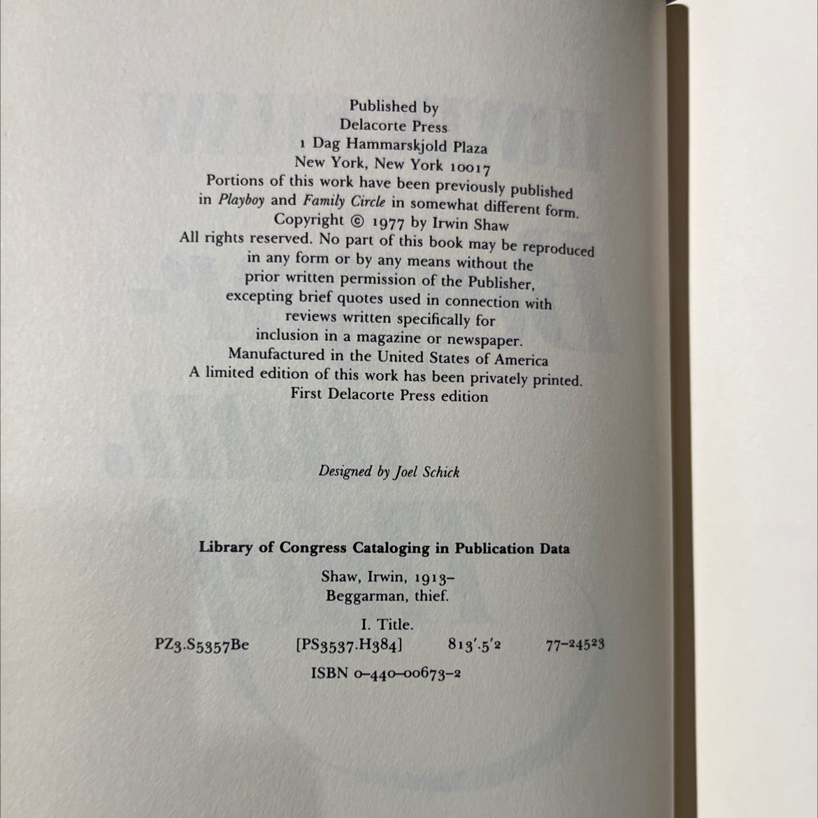 beggar-man, thief book, by Irwin Shaw, 1977 Hardcover image 3