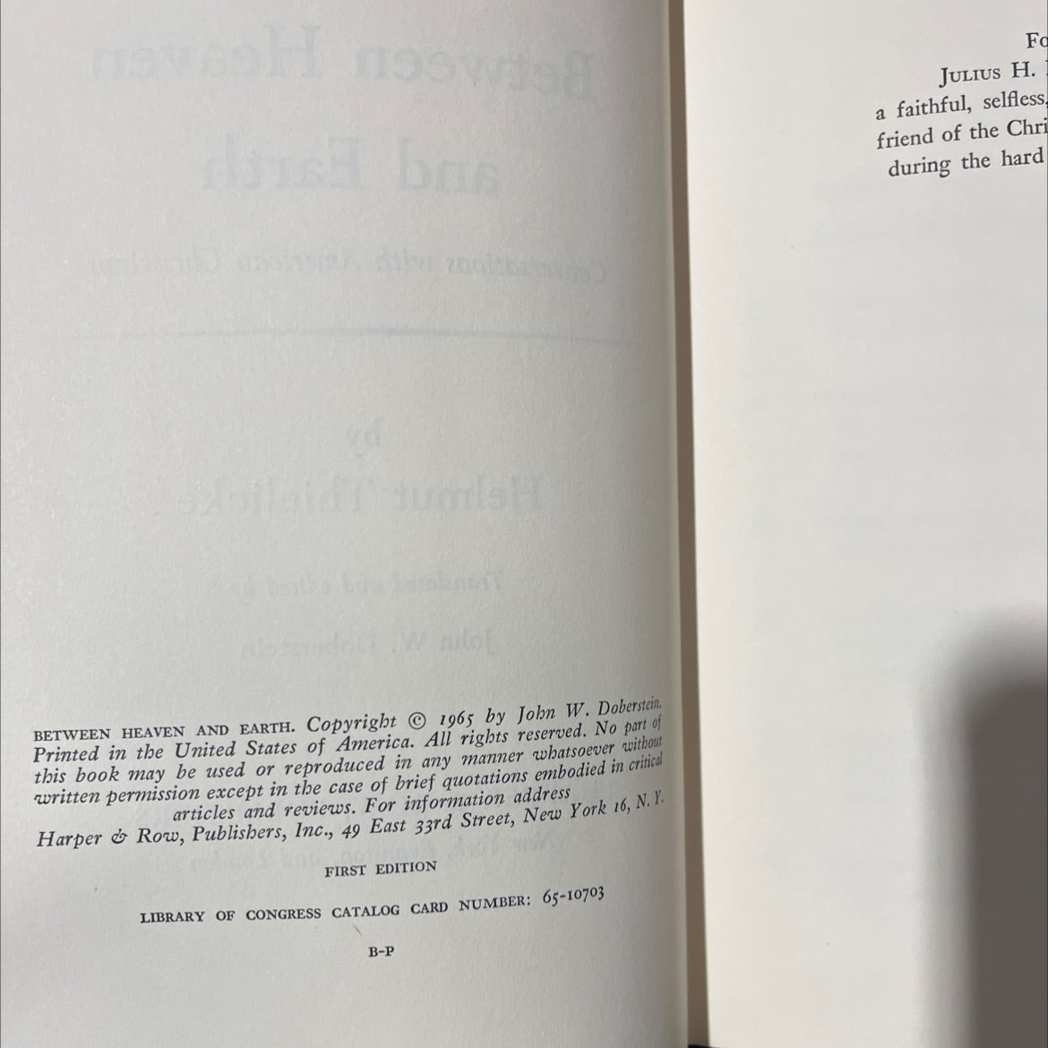between heaven and earth conversations with american christians book, by helmut thielicke, 1965 Hardcover image 3