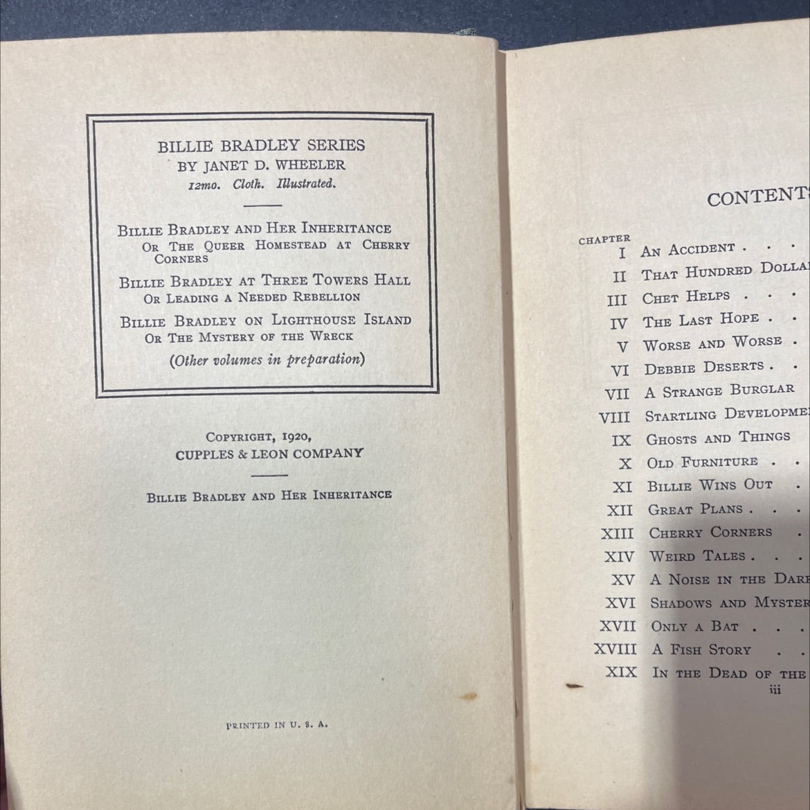 billie bradley and her inheritance or the queer homestead at cherry corners book, by janet d. wheeler, 1920 Hardcover image 3