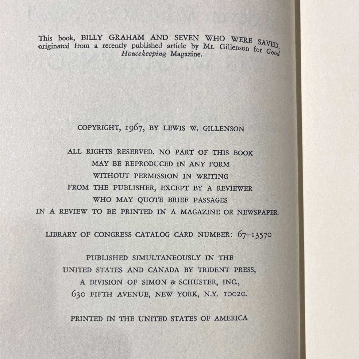 billy graham and seven who were saved book, by lewis w. gillenson, 1967 Hardcover image 3