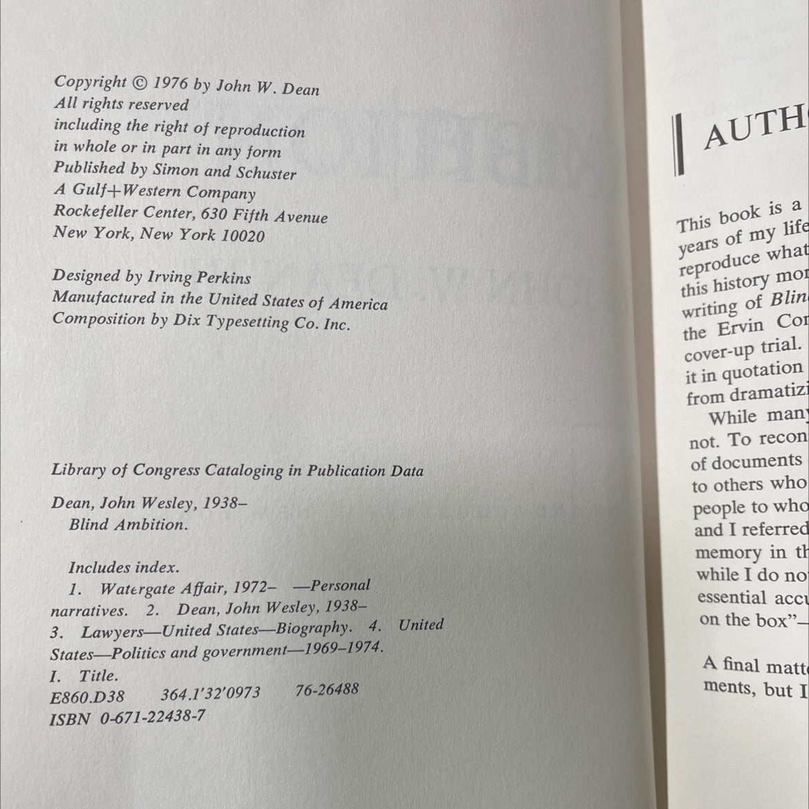 blind ambition book, by john w. dean iii, 1976 Hardcover image 3