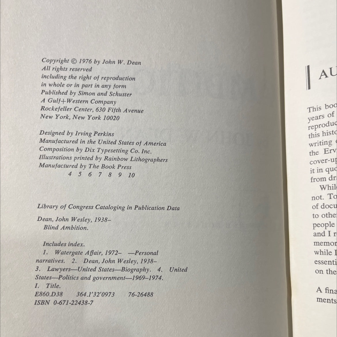 blind ambition book, by john w. dean iii, 1976 Hardcover image 3