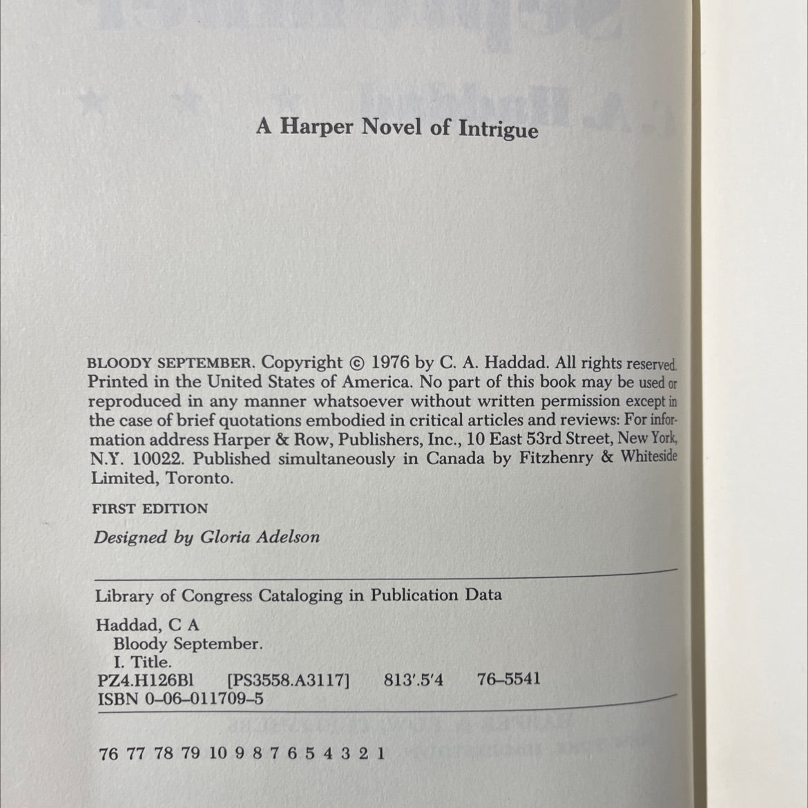 bloody september book, by C. A. Haddad, 1976 Hardcover image 3