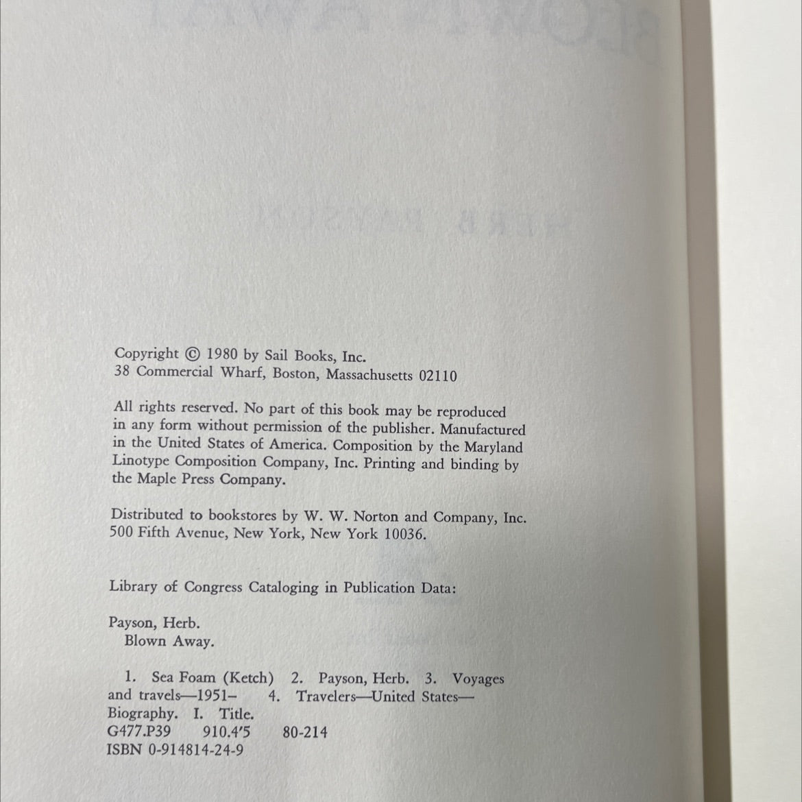blown away book, by herb payson, 1980 Hardcover image 3