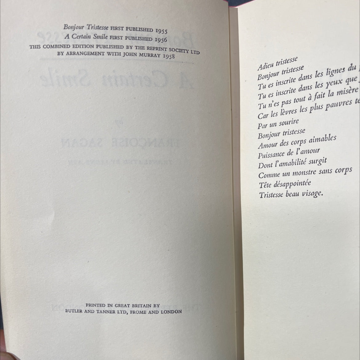 bonjour tristesse a certain smile book, by françoise sagan, 1958 Hardcover image 3