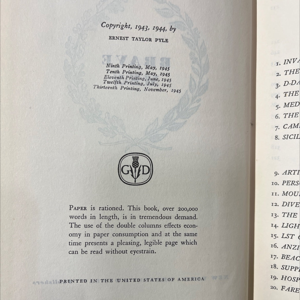 brave men book, by ernest taylor pyle, 1945 Hardcover image 3