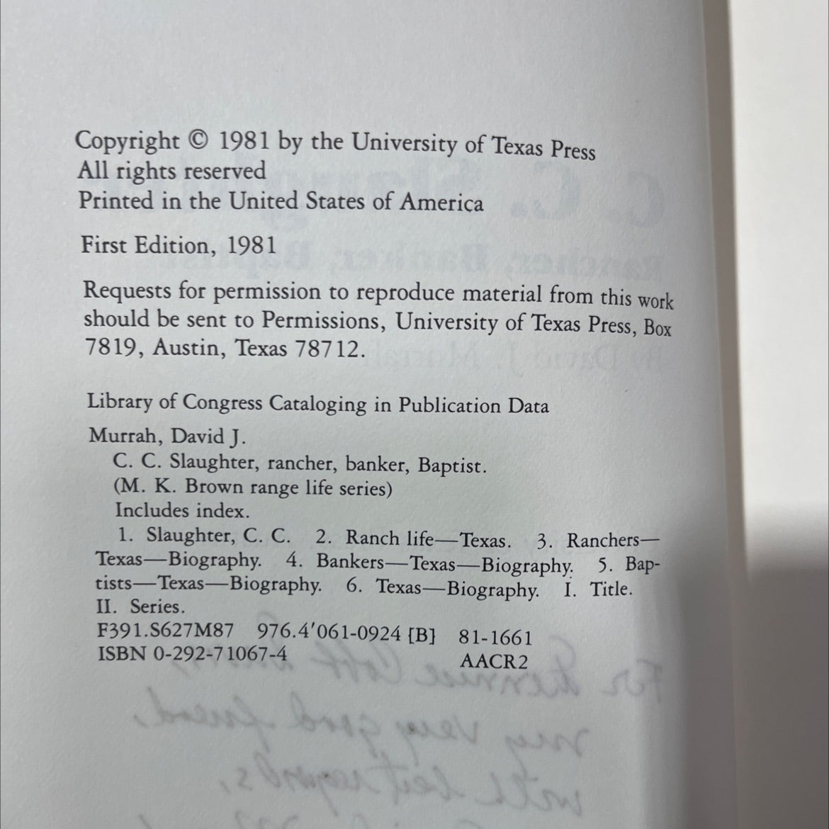 SIGNED c. c. slaughter rancher, banker, baptist book, by David J. Murrah, 1981 Hardcover, First Edition, Vintage image 3