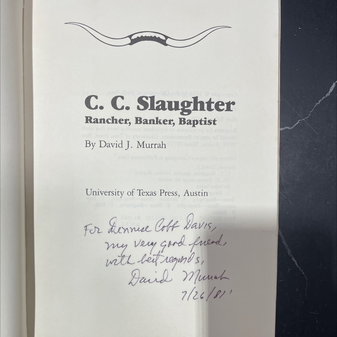 SIGNED c. c. slaughter rancher, banker, baptist book, by David J. Murrah, 1981 Hardcover, First Edition, Vintage image 2