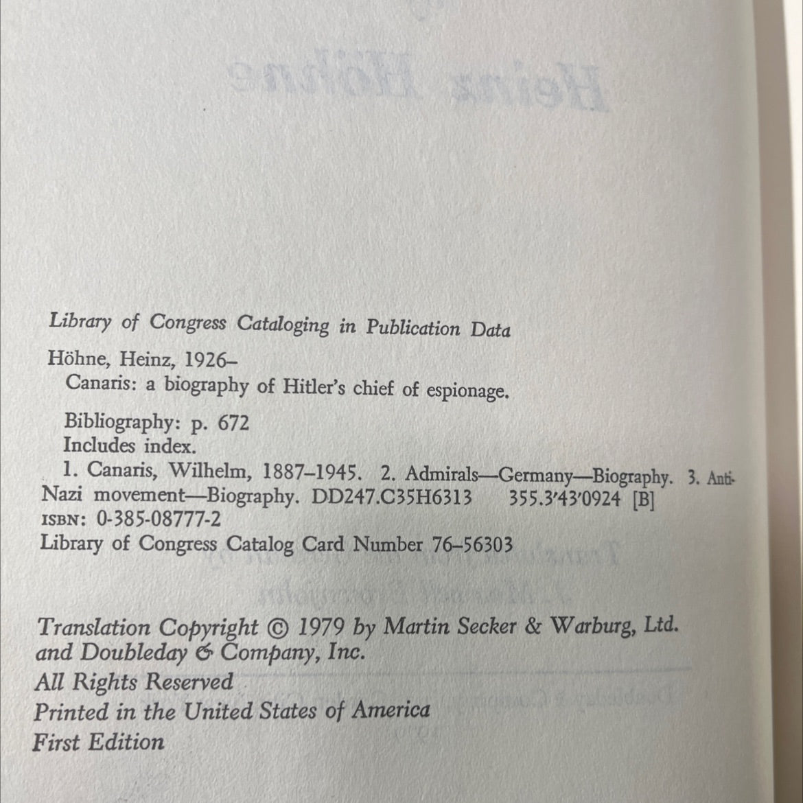 canaris: a biography of hitler's chief of espionage book, by heinz höhne, 1979 Hardcover image 3
