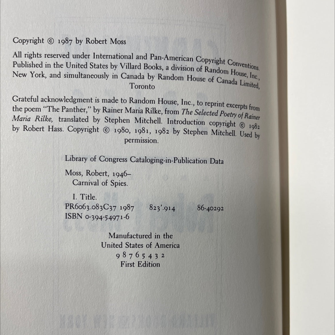 carnival of spies book, by Robert Moss, 1987 Hardcover image 3