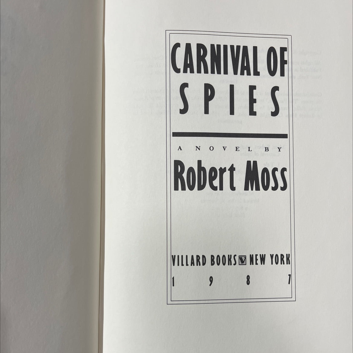 carnival of spies book, by Robert Moss, 1987 Hardcover image 2