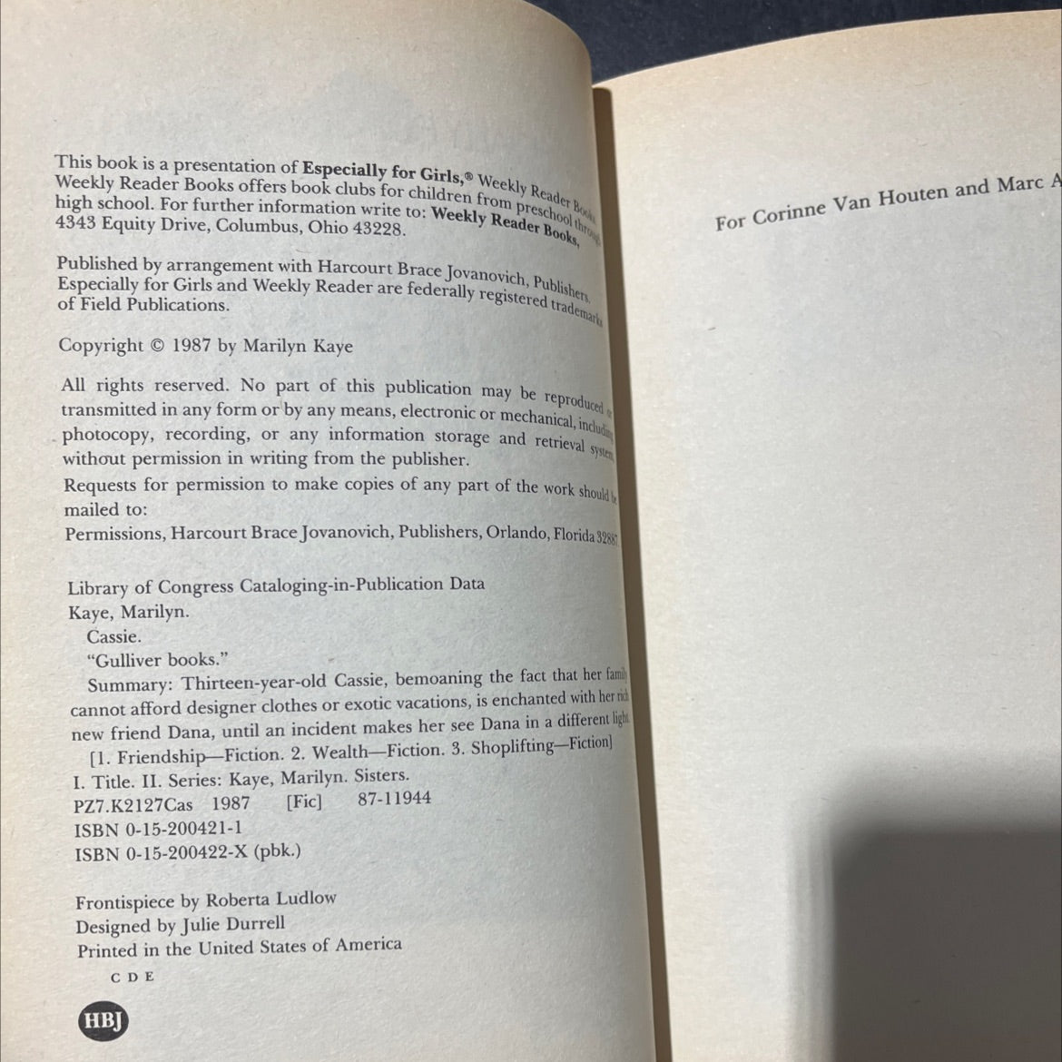 cassie book, by marilyn kaye, 1987 Hardcover image 3