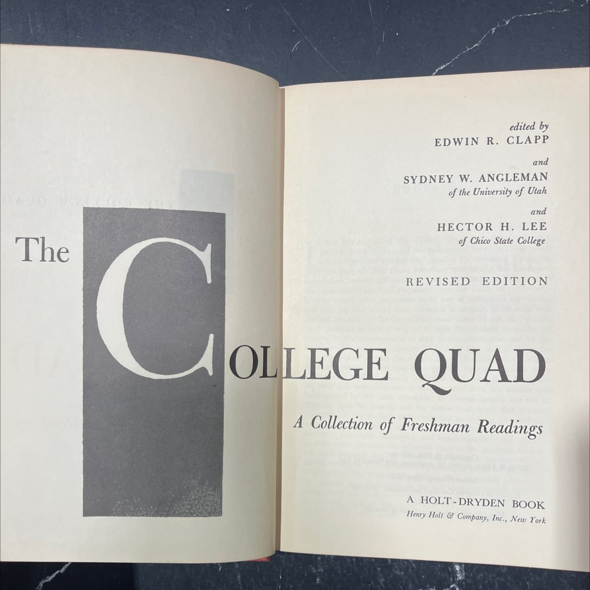 college quad a collection of freshman readings book, by edwin r. clapp, sydney w. angleman, hector h. lee, 1957 image 2