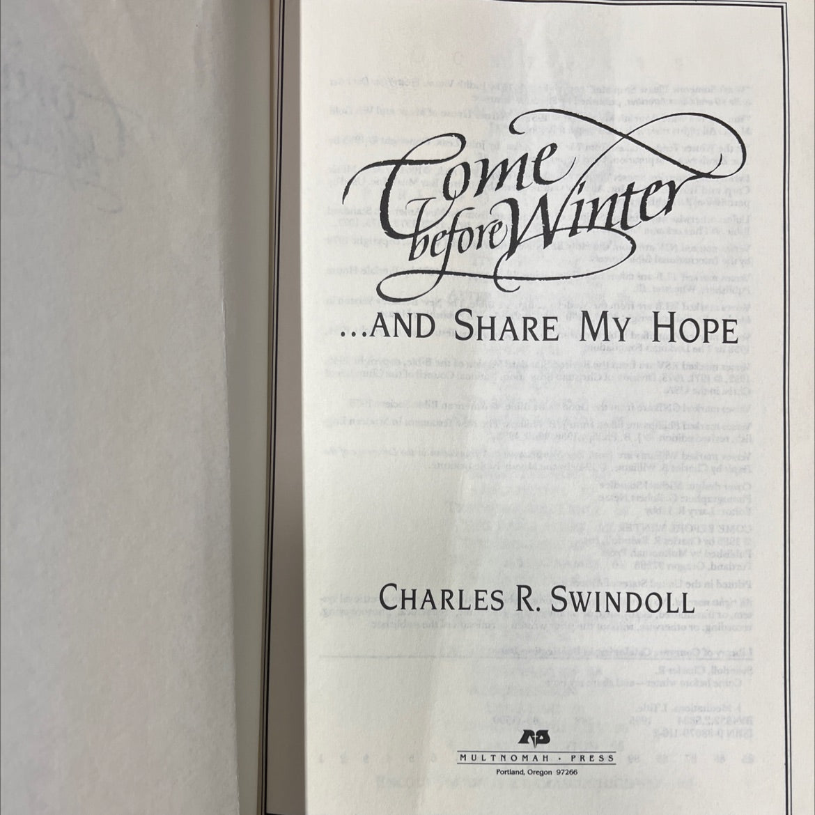 come before winter and share my hope book, by charles r. swindoll, 1985 Hardcover image 2