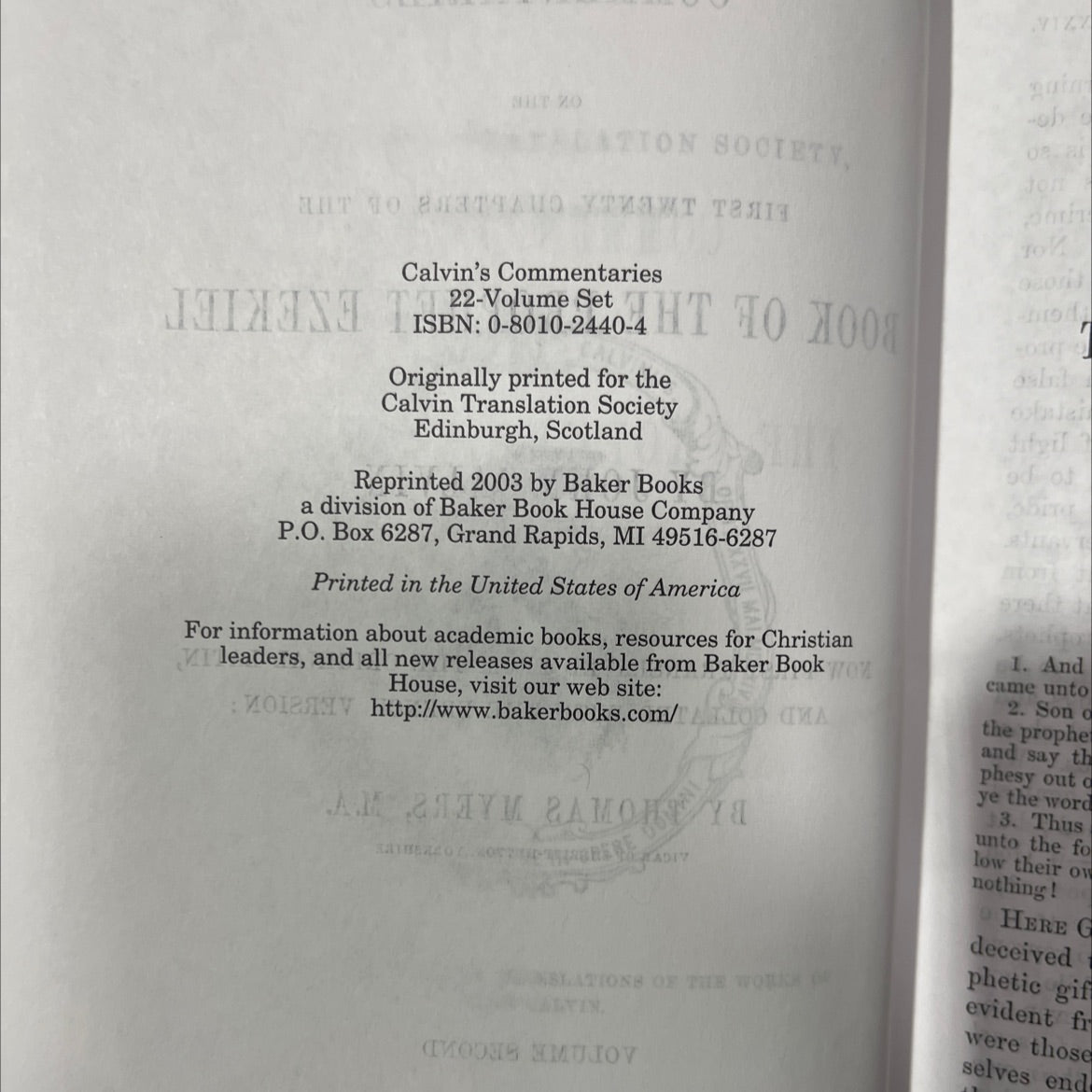 commentaries on the first twenty chapters of the book of the prophet ezekiel book, by john calvin, 2003 Hardcover image 3