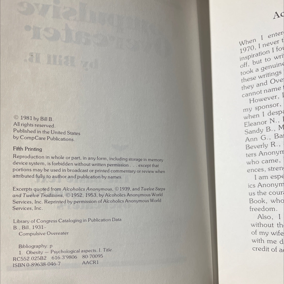 compulsive overeater book, by Bill B., 1981 Hardcover image 3