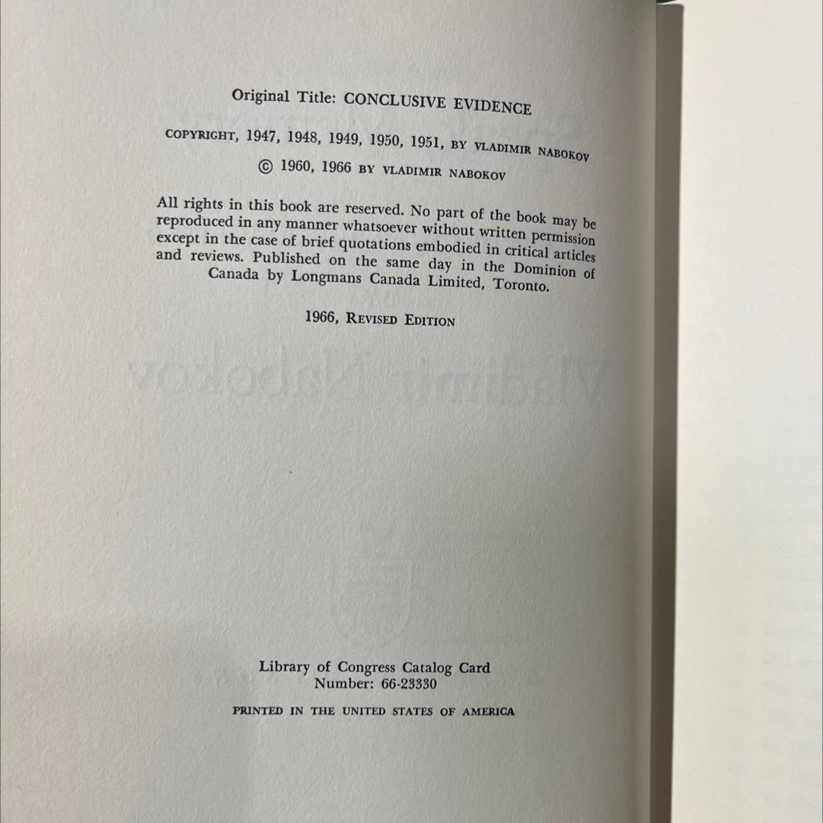 conclusive evidence book, by Vladimir Nabokov, 1966 Hardcover image 3